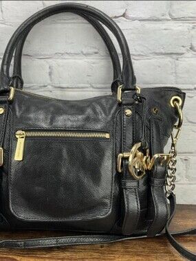 Michael Kors McGraw Black Leather Shoulder Bag with Gold Accents